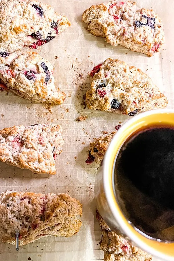 baked red white and blue scones with coffee